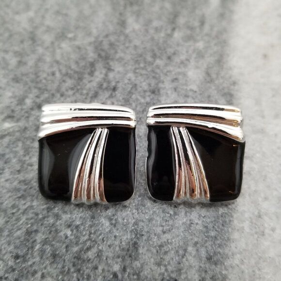 Vintage Black and Silver Tone Square Post Earrings, Retro 80s Style - Picture 1 of 5
